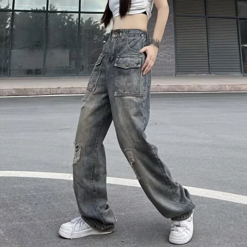 

Vintage Jeans Women Unisex Casual Streetwear Ripped New Spring Students Unique Popular High Waist Korean Style Loose Harajuku