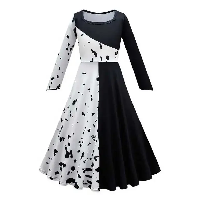 Cruella dress for girls clothes kids black white dress wig necklace Cruella de telescopic cosplay polka maid Halloween costumes