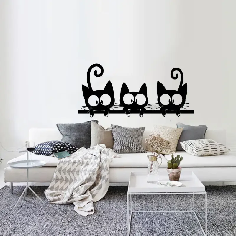 1pcs Funny Cartoon Cats Wall Decals - Self-Adhesive Removable Reusable Stickers, Modern Plastic Animal Theme Decor for Living Ro