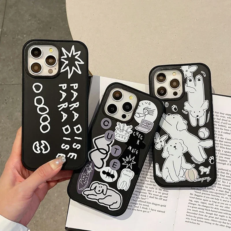 

Dog Sticker Black Frosted Phone Case Cover for IPhone 13 14 15 Pro Max Case