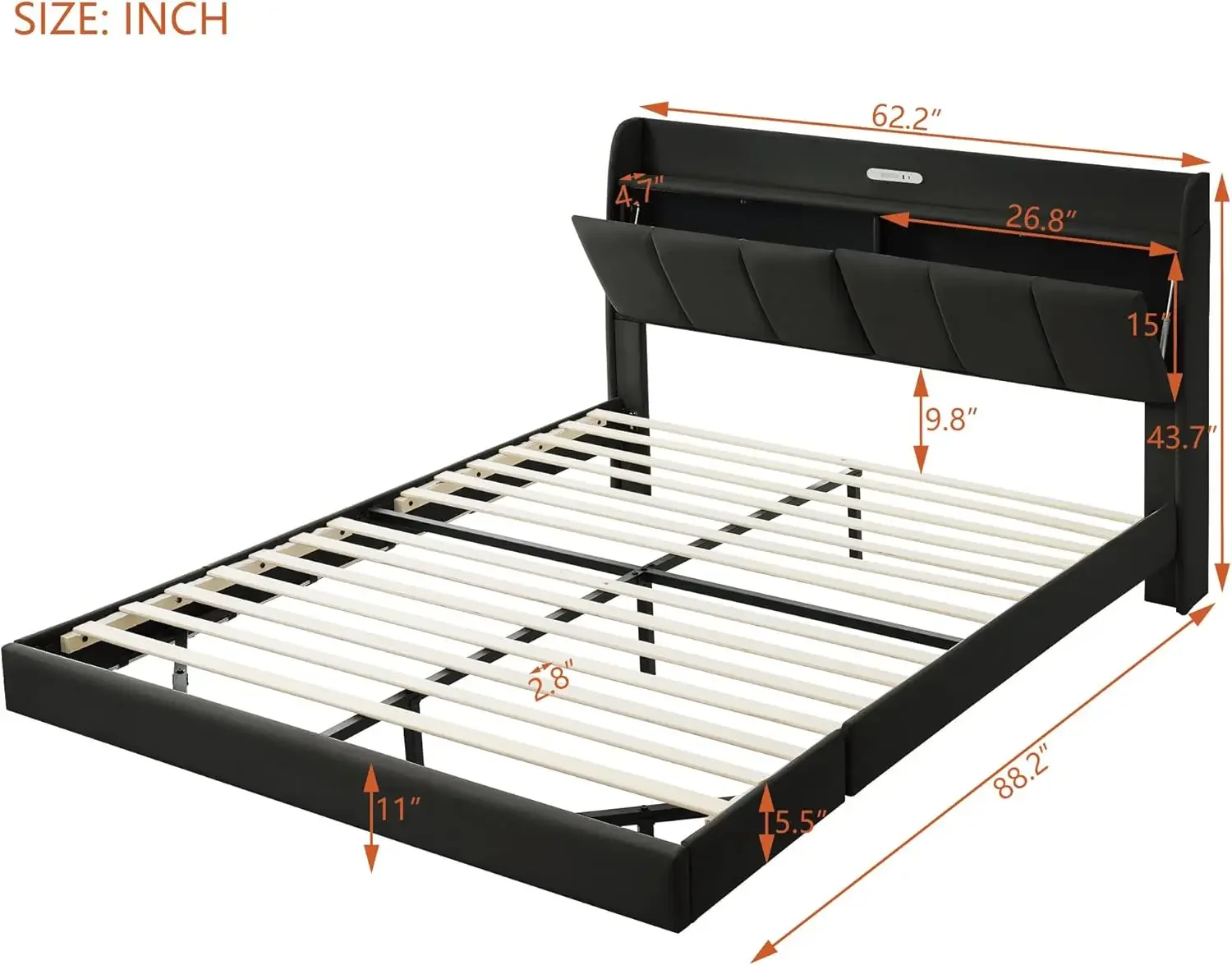 Floating Queen Size Floating Bed Frame With Led Lights And Charging Ports, Upholstered Platform Bed With Storage Headboard