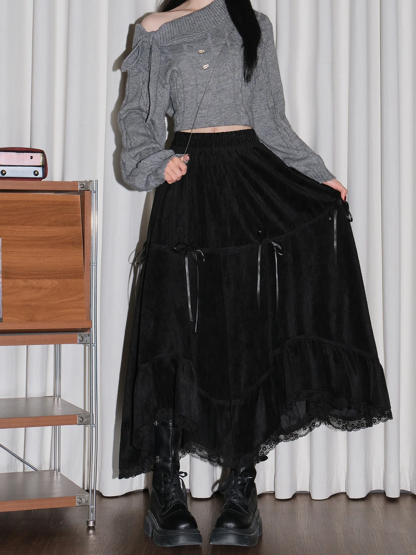 Gothic Style Irregular Half-length Black Dress Women's Summer  Knot Lace Patchwork Fashionable Skirt High Waist A-line