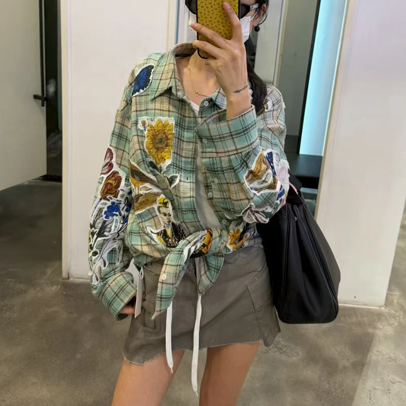 

Ранняя осень 2022, новая клетчатая рубашка с художественным коллажем, свободный женский топ в стиле ретро с цветочным рисунком черепа