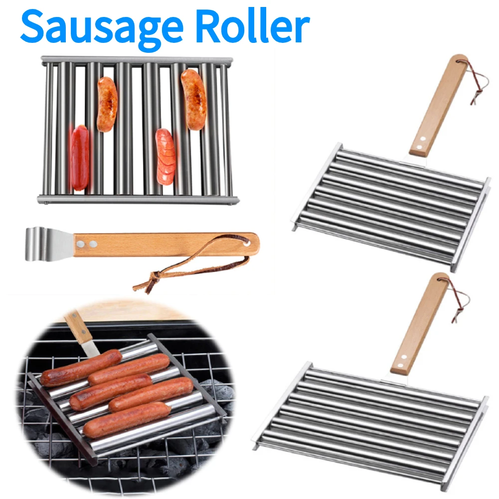 

Hot Dog Roller Sausage Roller Rack Stainless Steel BBQ Hotdog Roller with Wooden Handle 5 Hot Dog Capacity for Evenly Grilling