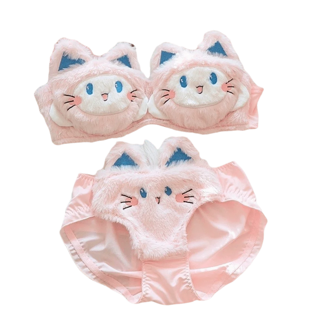 Cute Warm Bra Panties Suit Japanese Style Push Up Cat Plush Lingerie Set Wire-free Lolita Plush Underwear Autumn and Winter