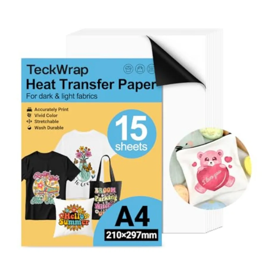 

Printable Heat Transfer Paper for T-Shirts 15 Sheets, 8.3" X 11.7" Printable Heat Transfer Vinyl for Inkjet Printer, Iron on Tr