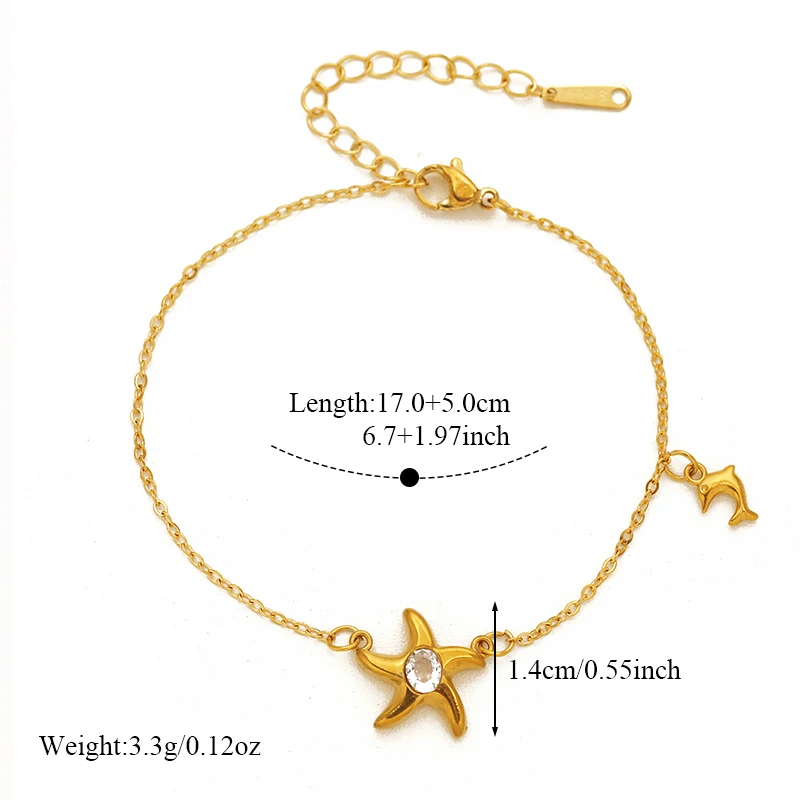EILIECK 316L Edelstahl Seestern Delfin Zirkon Anhänger Halskette Armband Set für Damen Trendiger Wasserdichter Strand-Schmuck Geschenk – Detail 7
