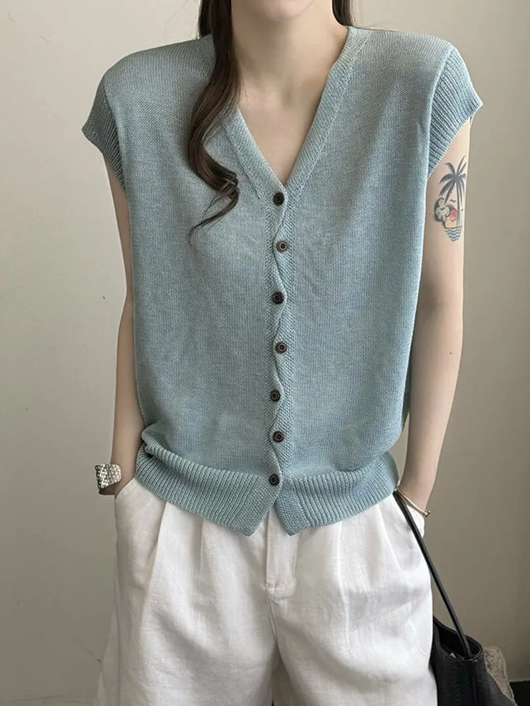 Soft Korean Style V-Neck Button Bamboo Rayon Knitted Open Cardigan Women's Summer Thin Slimming Versatile Top