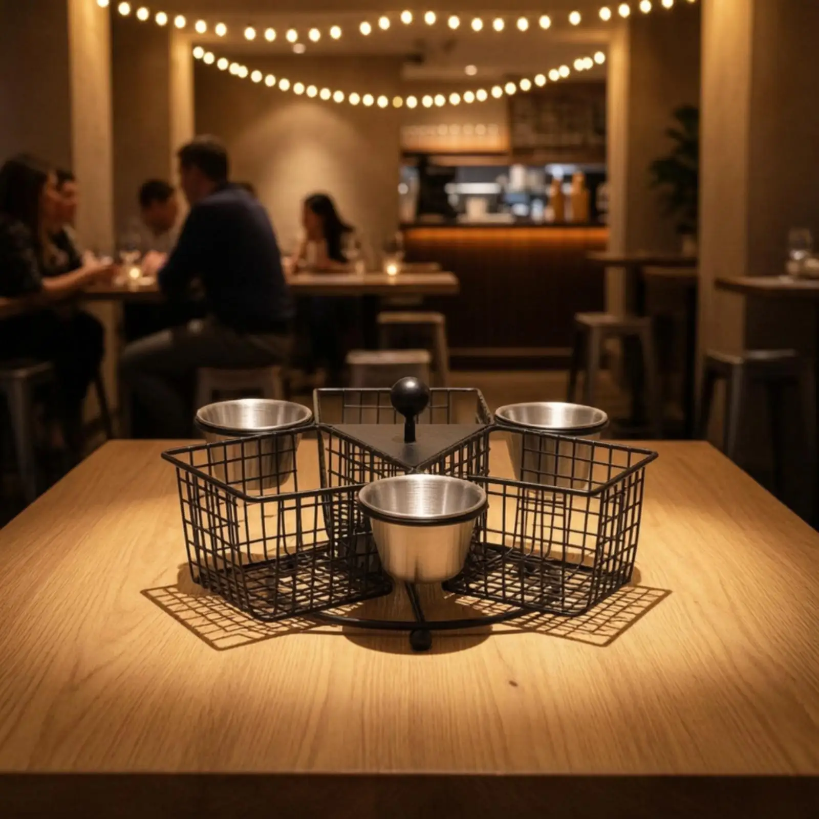 304 Stainless Steel Rotating Fry Basket Wire Rack with Dipping Sauce Cups for Fried Food Serving Table