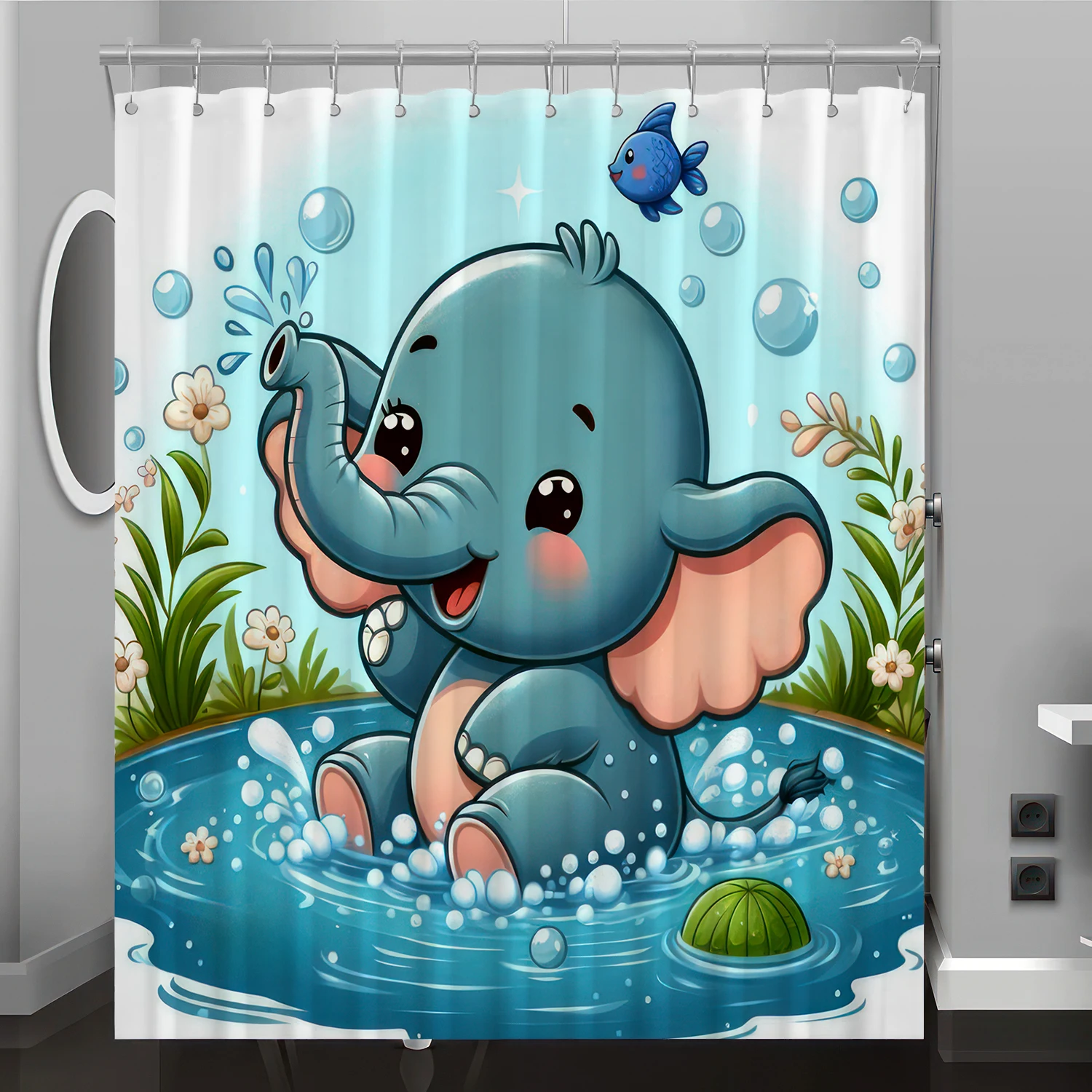 

Elephant cartoon pattern digital print shower curtain