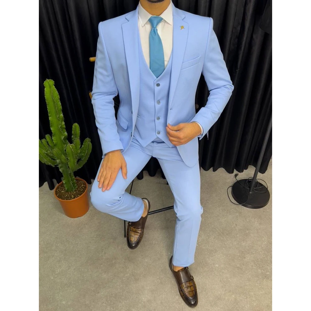 High-end Men Suits Fashion Notch Lapel Sky Blue Suit Slim Fit Solid Color 3 Piece Business Formal Custom Wedding Casual Tuxedo