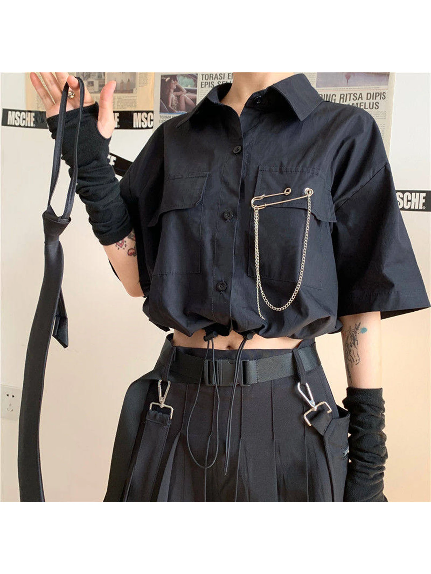 Women's Black Gothic Emo Blouses and Shirts Dark Style Hip Hop Short Sleeve Polo-Neck Shirt Y2k Gyaru Vintage Blouse Summer 2026 view 2