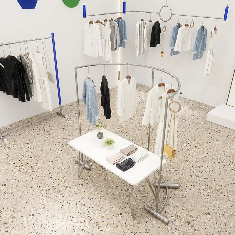 Display rack Curved floor-to-ceiling stainless steel middle island rack Men's and women's clothing store shelf display props