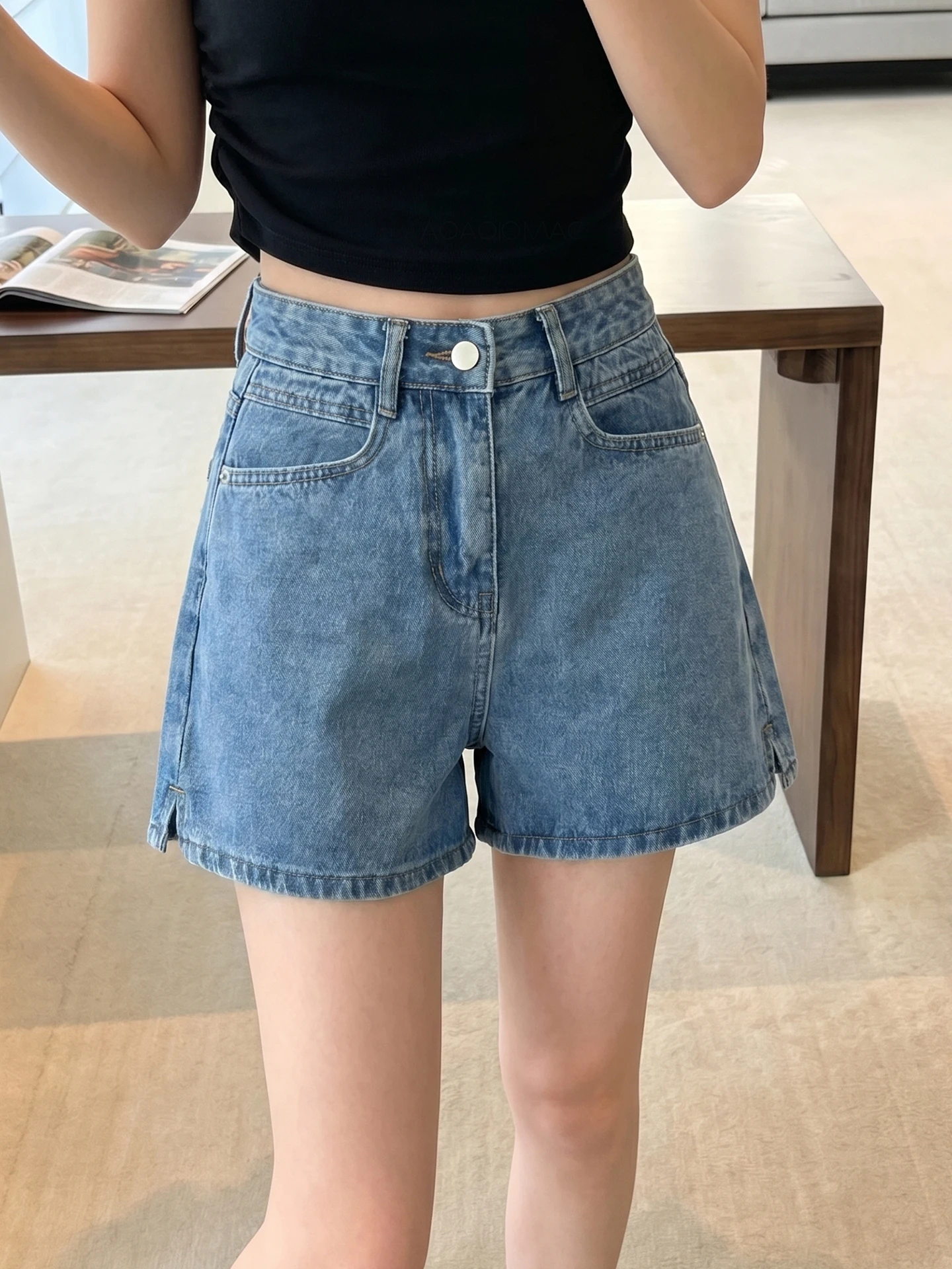 High Waist Loose Fit Blue Denim Shorts Women's Summer Thin Wide Leg Hot Pants Comfortable Medium Thickness Pure Color Zipper