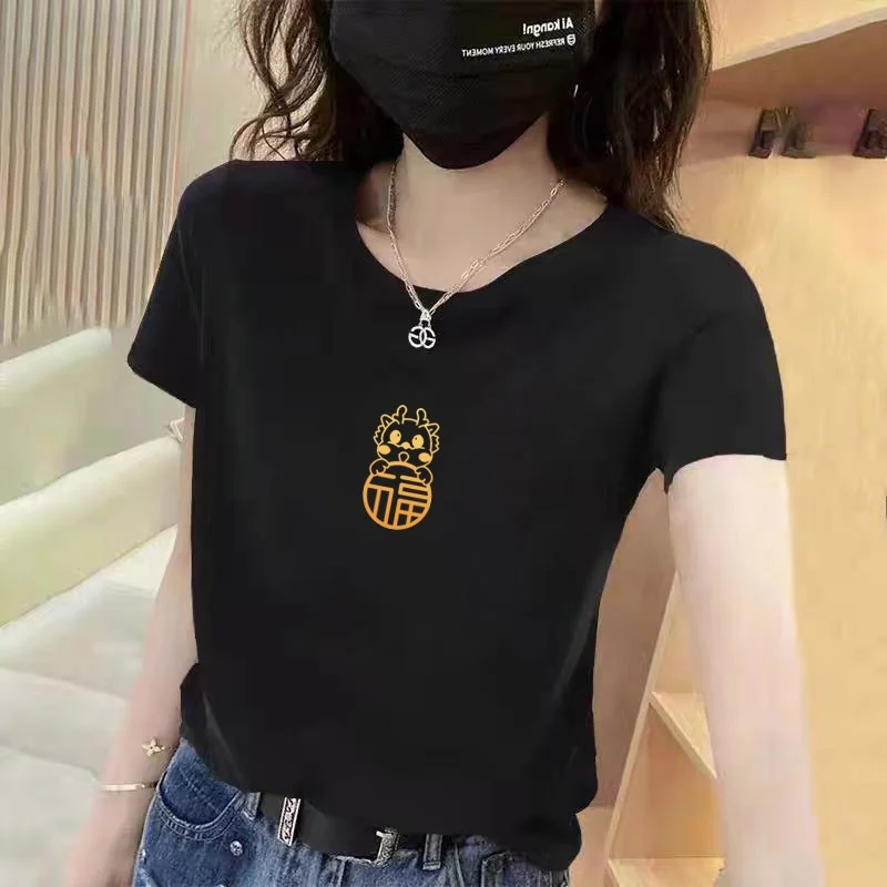 Camiseta Holgada de Algodón para Mujer, Cuello Redondo, Versátil, Talla Grande, Estilo Coreano, Informal, para Verano