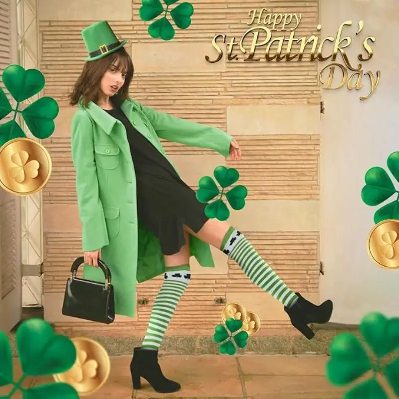 St. Patrick's Day shamrock cotton mid-calf socks, Irish festival style, comfortable and breathable, perfect for gift giving