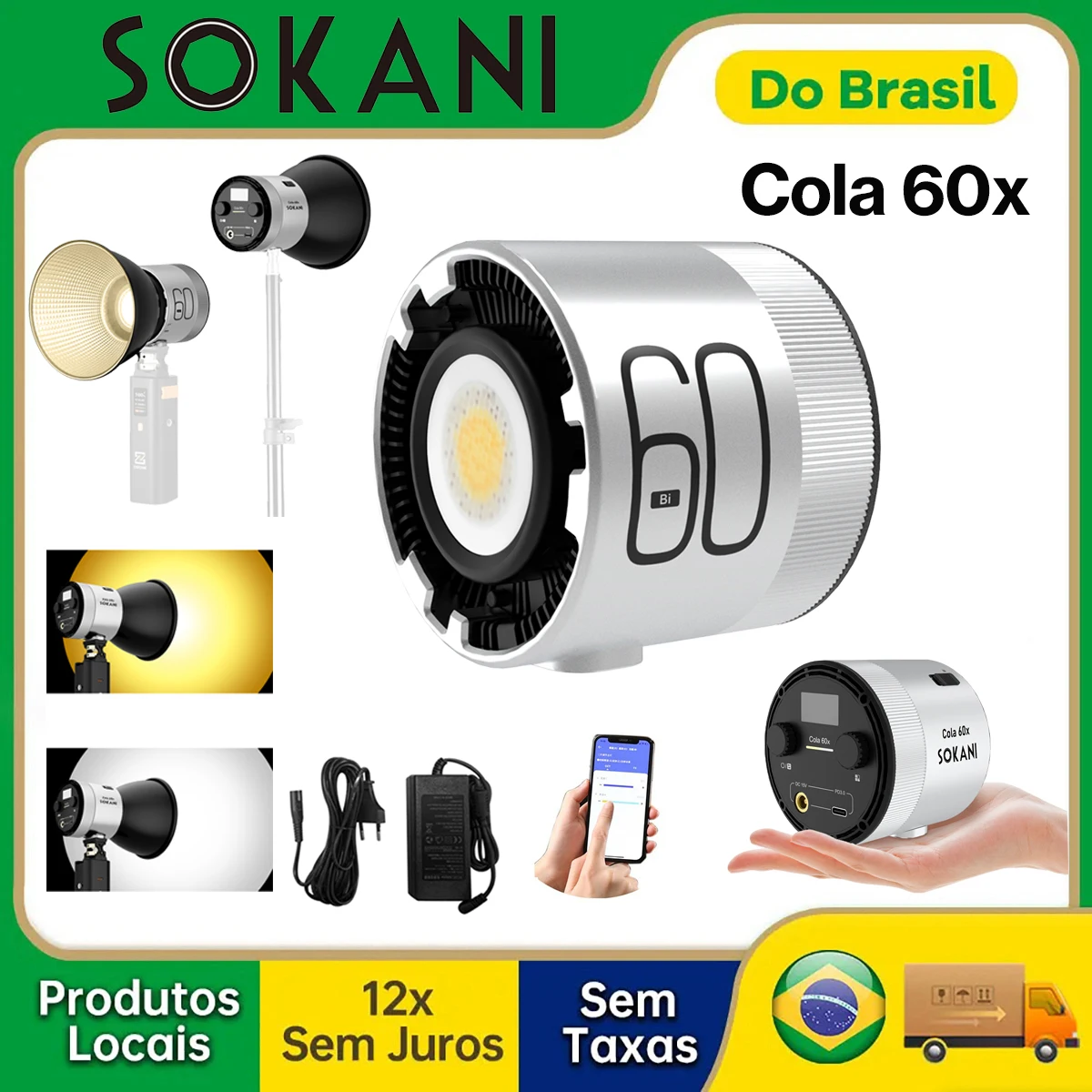 【Do Brasil】Sokani Cola 60x 60W Luz de Vídeo Bi LED com Controle por APP, 2 Códigos de Luz para Iluminação em Fotografia e Gravação de Vídeo