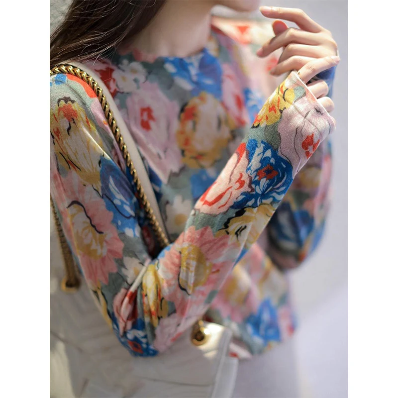 

Трикотажный топ Slim Fit с длинным рукавом и принтом роз, европейский крой, круглый вырез, корейский стиль, для повседневной носки