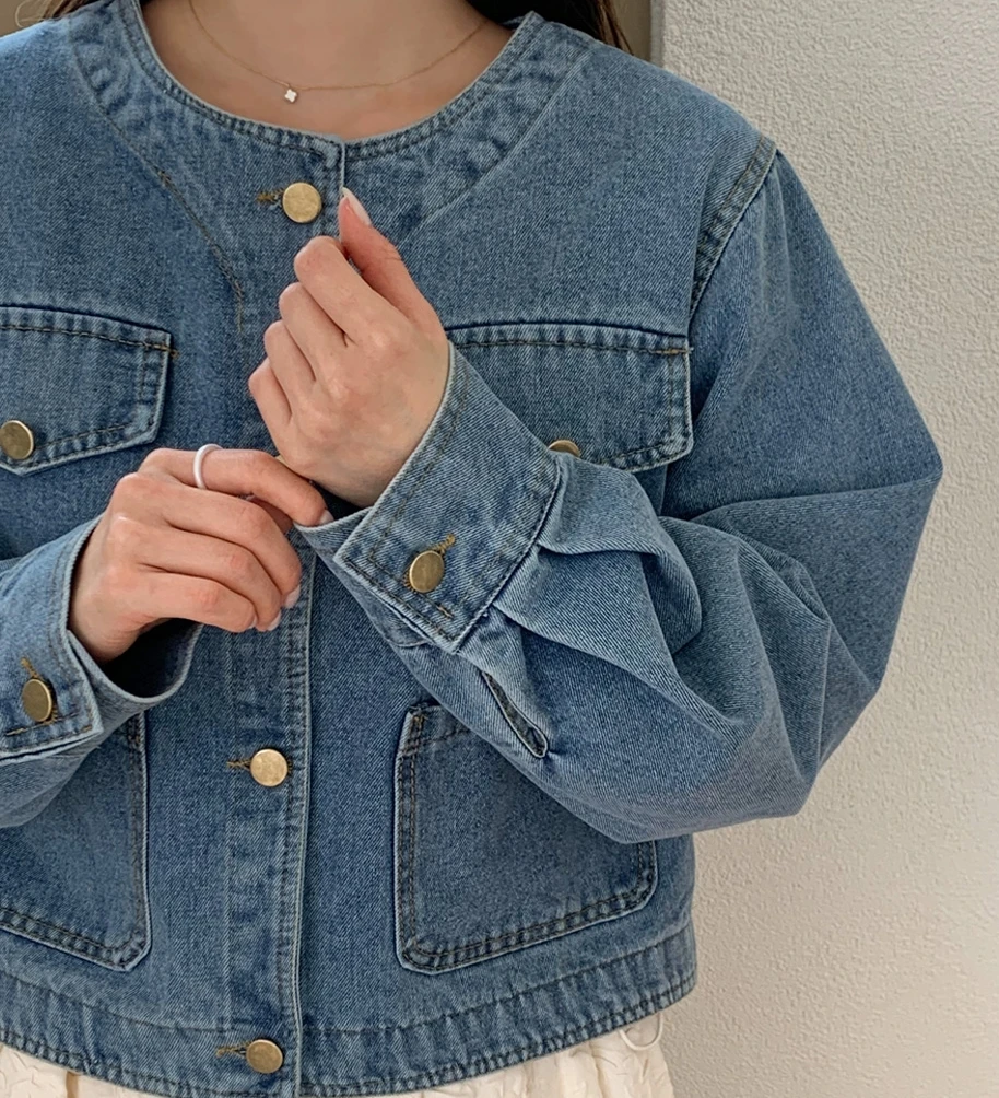Botvotee Denim Jean Jacket for Women Vintage Pocket O Neck Long Sleeve Button Dowm Jeans Jackets Fall Spring Outwear