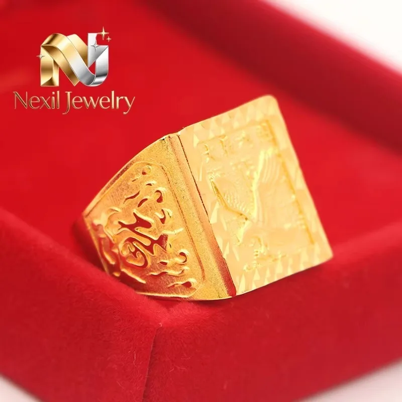

Nexil Jewelry Grand Ambition Ring Men's 24K Gold AU999 - Exquisitely carved 3D pattern, thick premium texture, for banquet atte