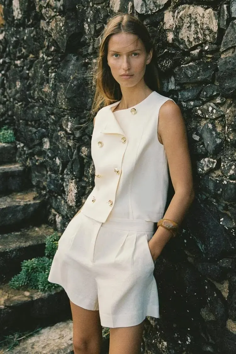 

BB6492 ZA25 summer new women's clothing European and American style linen pleated blended high waisted shorts 3528709