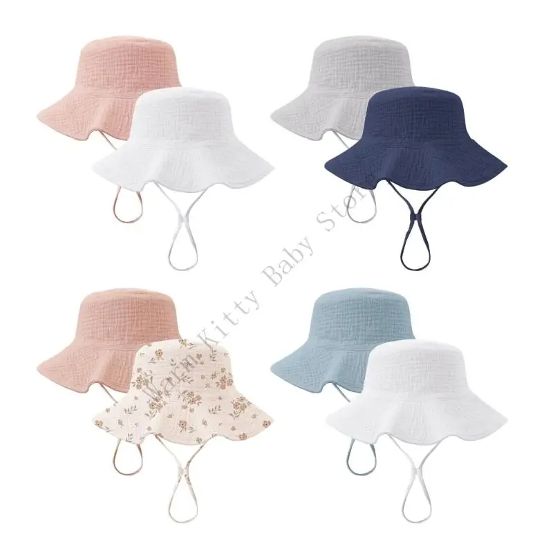 

XXFE 2Pcs/set Muslin Baby Sun Hat UPF50+ Wide Brimmed Bucket Caps Adjustable Chin Strap for Boys Girls Summer Essential