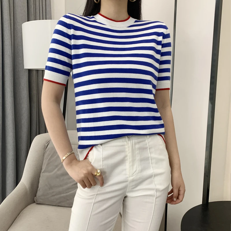 

2024 Summer New Pure Cotton Round Neck Striped Short sleeved Sea Soul Shirt Knitted Bottom Shirt Fashion Top T-shirt