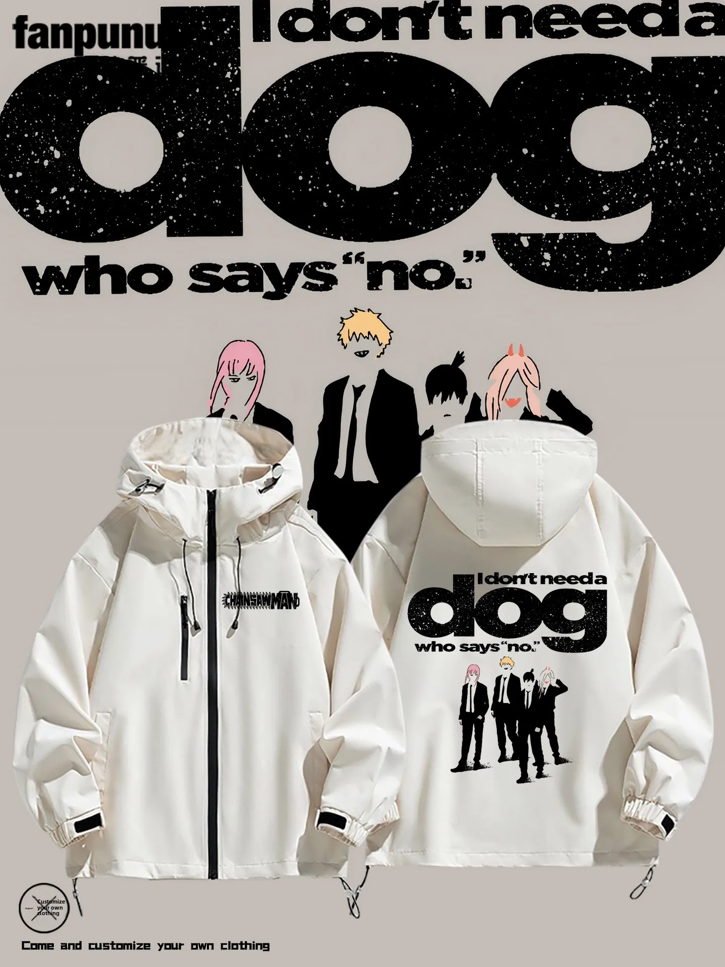 

Anime Surroundings Chain Saw Man Casual Men's Tee-In-One Jaet Autumn Winter Loose Fit Polyester Long Sve Zipper Closure