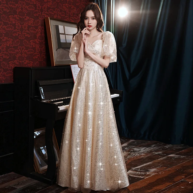 Summer New Champagne Women's Square Collar Evening Dress Fashion Grand Banquet Bridesmaid Dress Student Performance Long Dress