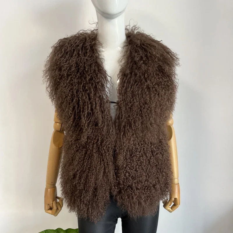 BEIZIRU Women's Fluffy Luxury Real Mongolian Fur Halter Vest Sleeveless Deep V-Neck Solid Top Outerwear