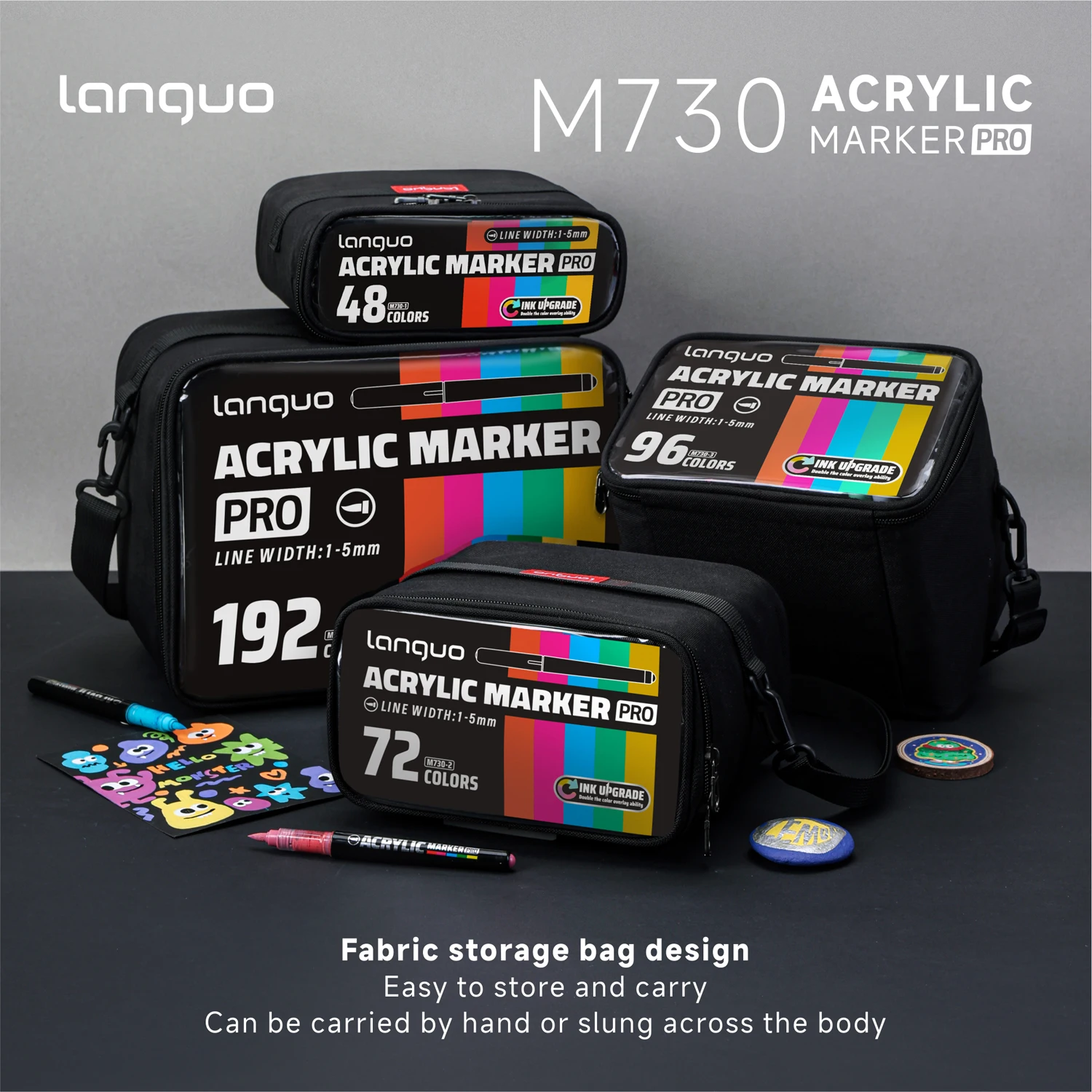 

Languo M730 Pro Acrylic Markers, Available in 48/72/96/192 Colors, Soft Tip 720 ° Free-Flowing Ink, 60% Improved Color Layering Ability, Large-Capacity Ink with High Coverage, Comes with a Portable Storage Bag, Is a Professional Art Tool for Hand Drawing 