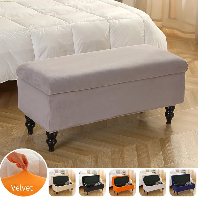 Solid Color Storage Stool Cover Elastic Velvet Bedside Ottoman Footrest Cover Rectangle Piano Seat Slipcover Furniture Protector