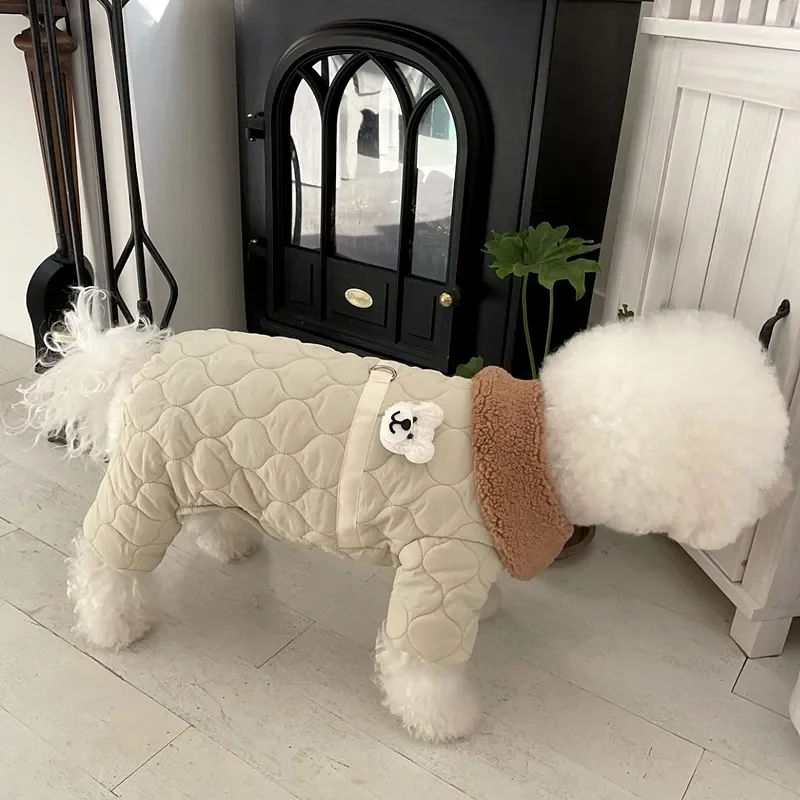 New Solid Color Pet Dog Four Legged Cotton Coat Warm Dog Clothes Winter Teddy Button Up Shirt Beautiful Down Coat Bichon Costume