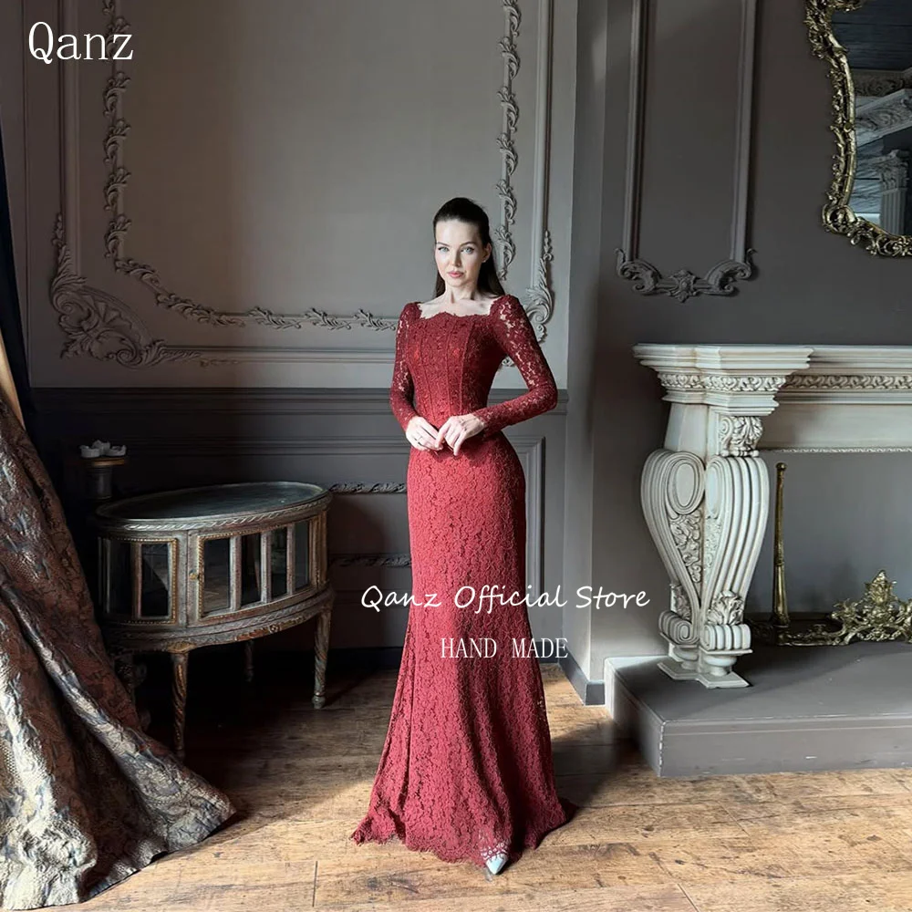 

Qanz Vintage Women Evening Dresses Burgundy Lace Mermaid Dubai Robes De Soirée Long Sleeves Robe De Soirée Femme Customized