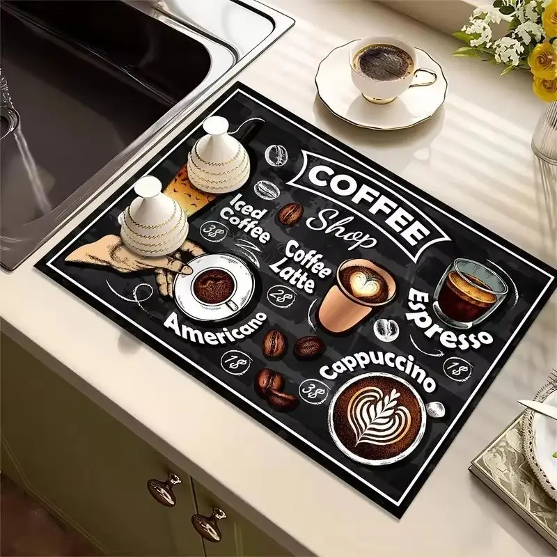 VIKAMA Chalkboard Coffee Print Drying Mat Quick Dry Absorbent Anti Slip Heatproof Coffee Station Dish Counter Pad