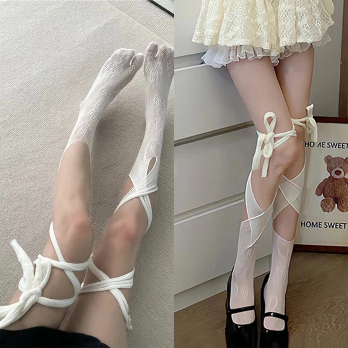 

Kawaii Cross Tied Tabi Socks New Summer Thin Fishnet Stockings Japanese Style Y2K Hottie Knee High Socks Ballet Style Gifts