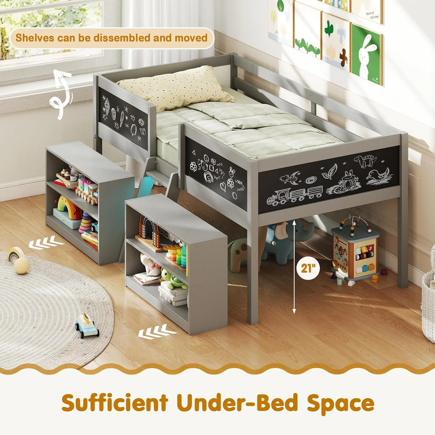 LED 조명, 사다리, 칠판 및 수납 공간이 있는 목재 트윈 로프트 침대, 회색