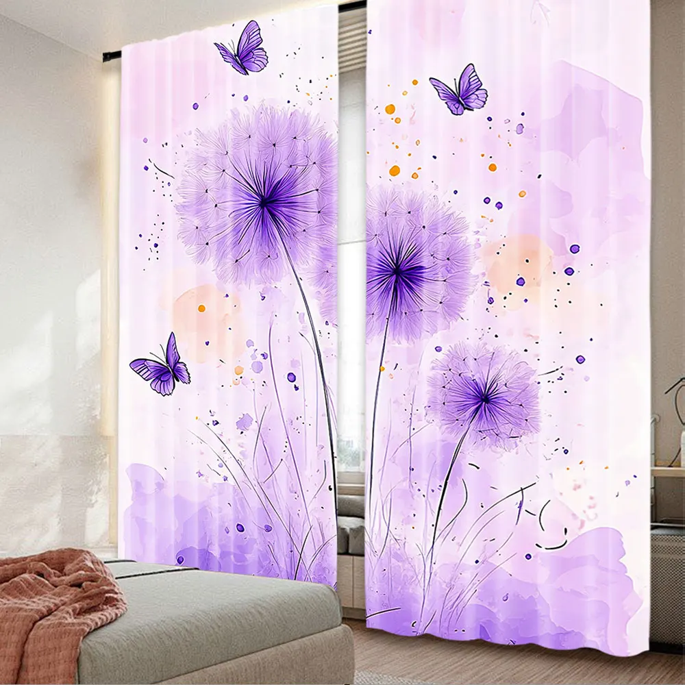 

2Pcs Dandelion Curtains Butterfly Rustic Farmhouse Curtains For Adults Purple Gradient Romantic Suitable For Living Room Bedroom