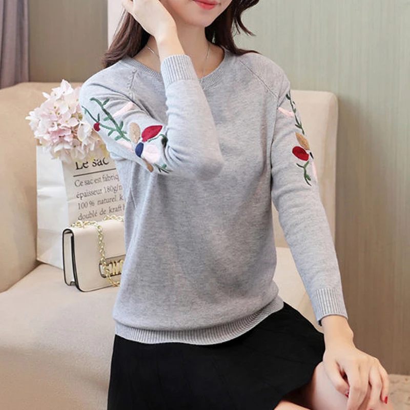 Women Clothing Spring Autumn Korean Embroidery Chic Basic Knitwear Trendy Female O Neck Long Sleeve Pullover Tops Casual Jumpers