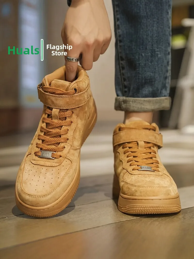 Men's High-Top Casual Shoes Waterproof Leather Surface Anti-Slip Sporty Youth Trendy Wheat Color Spring Autumn Seasonal