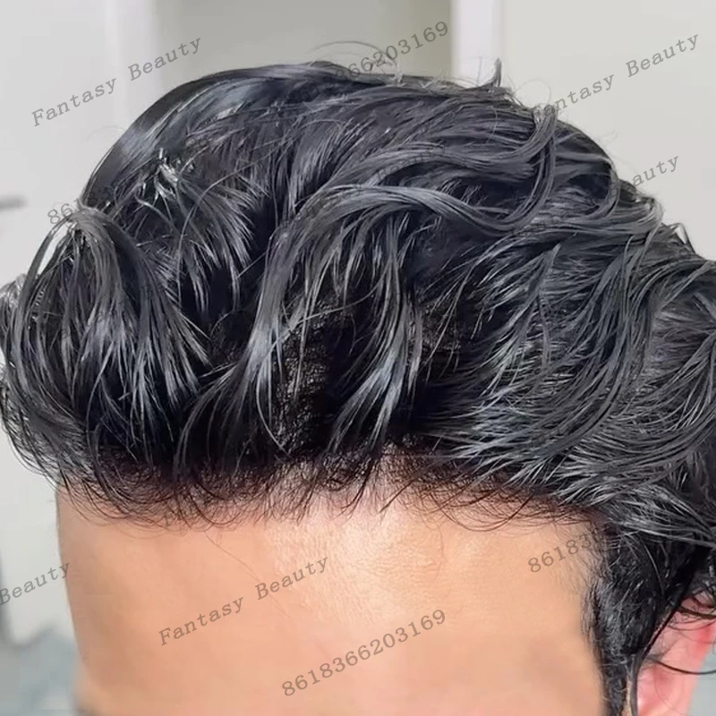 

Long Last Transparent 0.1mm Injection PU Base Men Human Hair Toupee Undetectable Black Brown Male Wigs Hair System Prosthesis