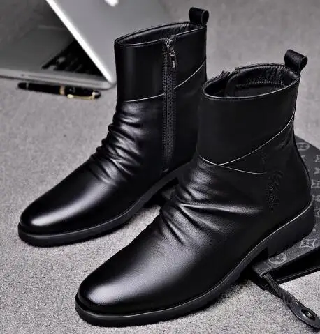 New Men Black Genuine Leather Round Toe Zipper Side Classic High Top Ankle Boots Male Business Warming Fur Short Boots Shoes