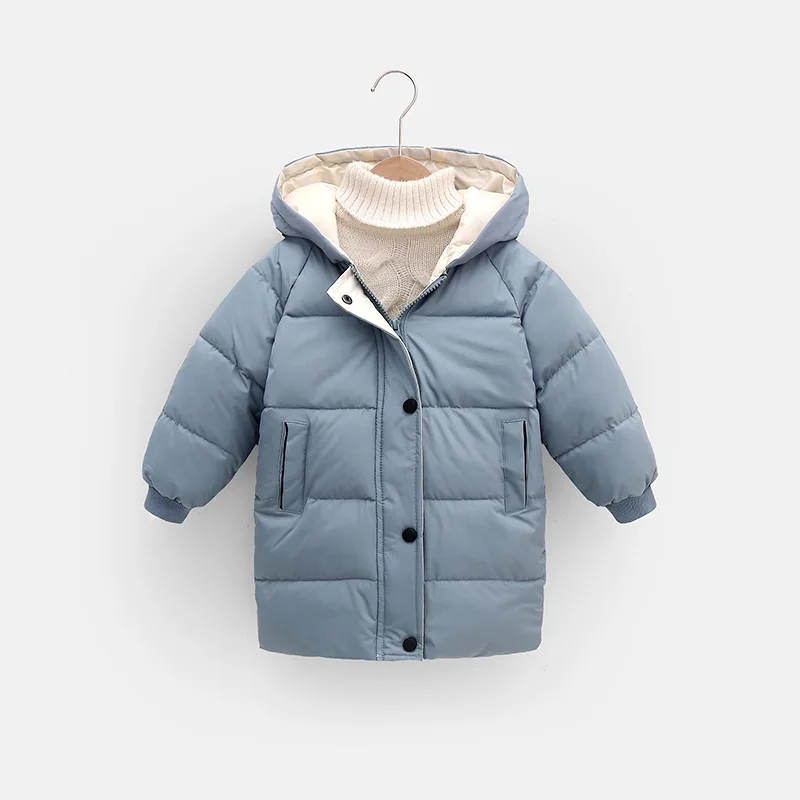 2 3 4 5 6 8 10 Jahre Mädchenjacke Winter Langer Stil Einfarbig Dick Warmhaltend Mit Kapuze Oberbekleidung Für Jungen Daunen-Baumwoll-Schneeanzug – Detail 4