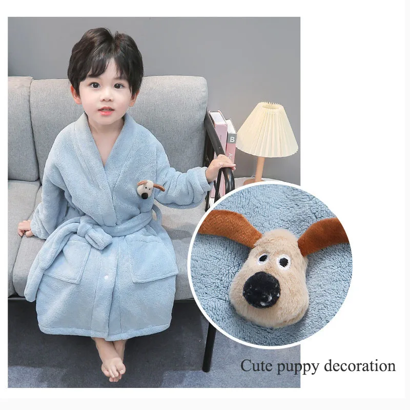 

Children Winter Sleepwear Cute Puppy Long sleeve Solid Bathrobes Coral fleece Soft Warm Homewear For Kids