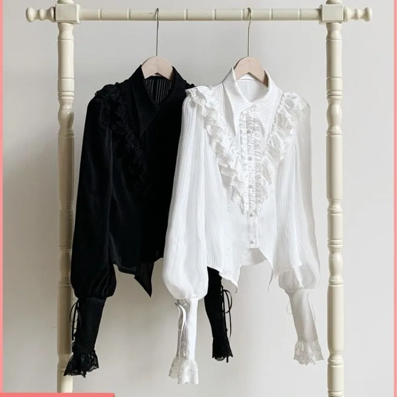 

Japanese Kawaii Lolita Blouses Victorian Vintage Lantern Sleeve Shirts Y2k Aesthetic Black White Top for Women Cosplay Costume