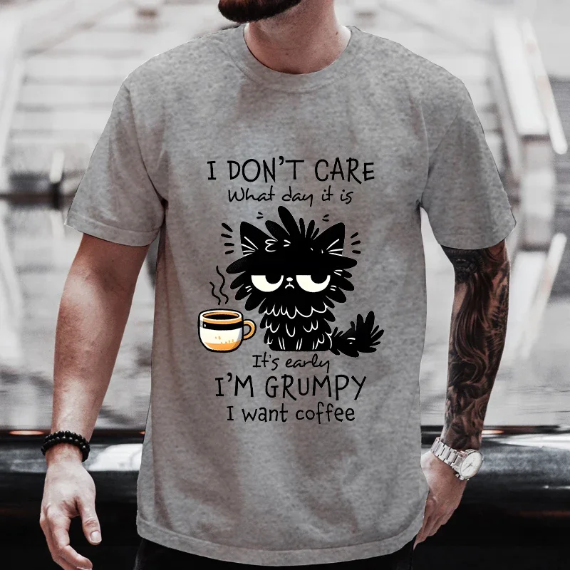 I Want Coffee Men T-Shirt Funny Black Cat Graphic Y2k Tops Short Sleeve Tees Streetwear Oversized Tshirt Cool Gift Mens Clothing