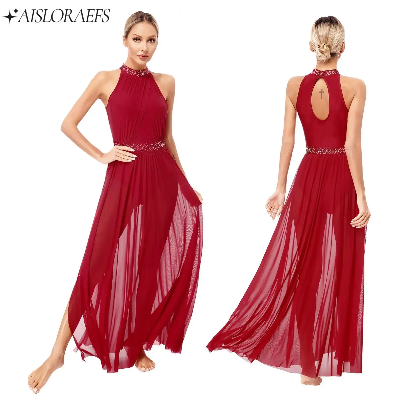 

Womens Contemporary Lyrical Dance Dress Ballet Gymnastics Performance Costume Sleeveless Rhinestones Mesh Maxi Dress Dancewear