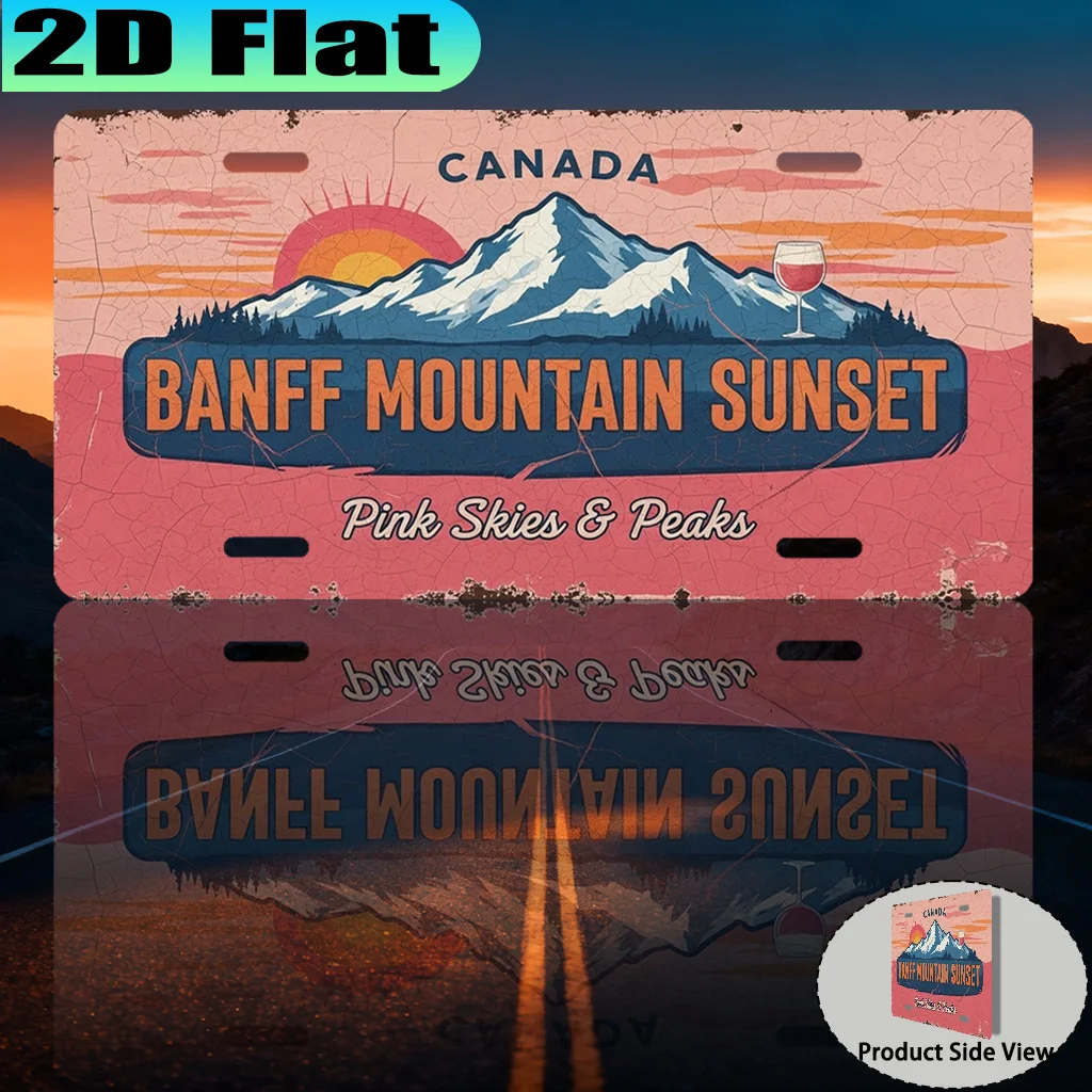 2D Flat, [2D Flat] 1pc, Canada Banff Mountain Sunset Pink Snow and Skies Vintage Aluminum Sign (30.48 X 15.24cm), for Decorative