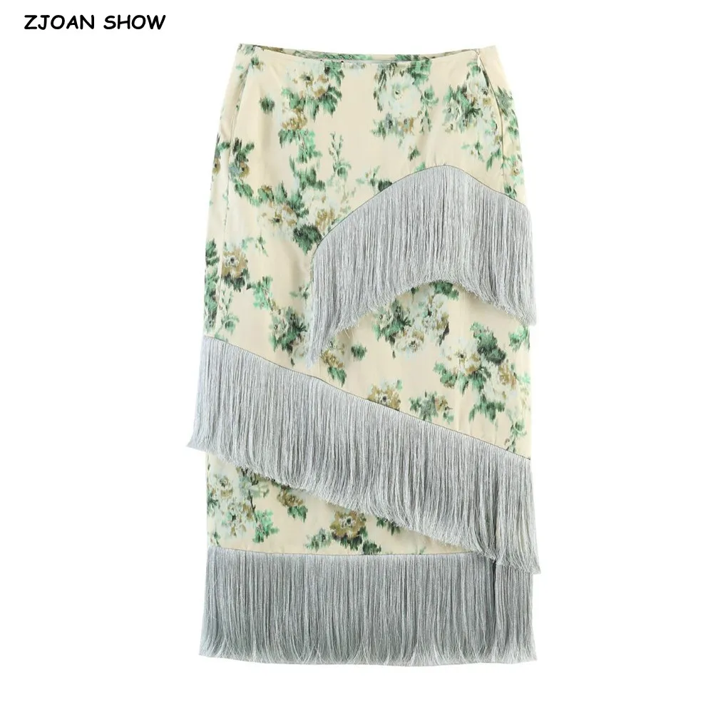 

Модная женская юбка-карандаш миди с высокой талией, на молнии, с цветочным принтом тай-дай, с бахромой и вставками, облегающая бедра