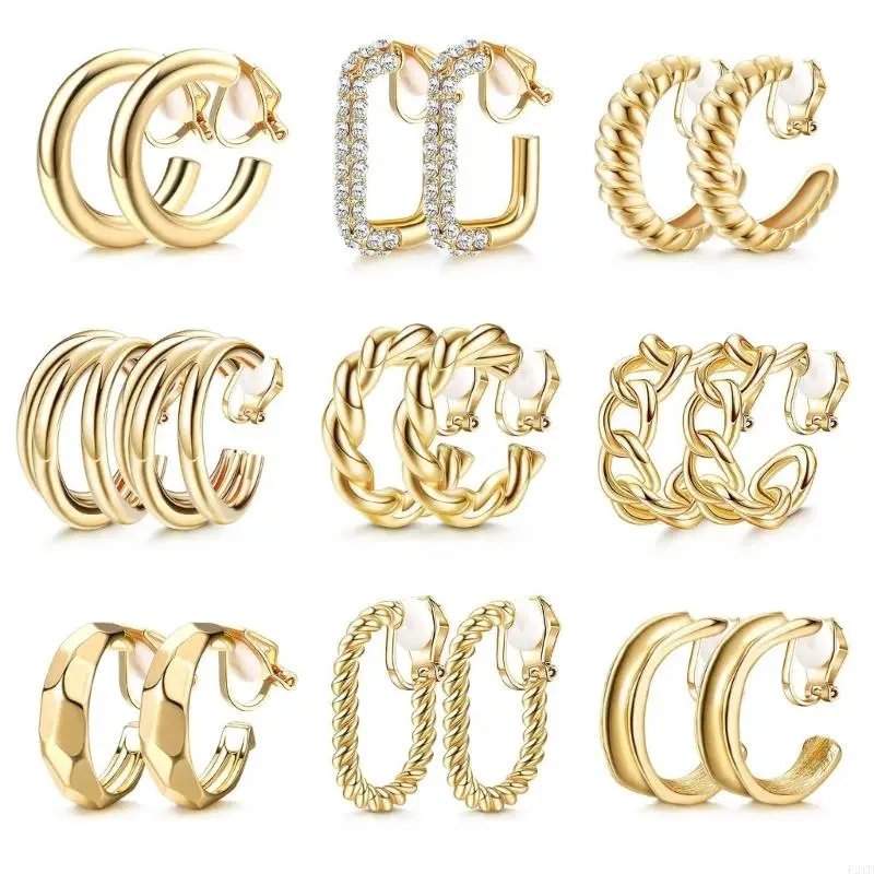

F2TD 9Pair Elegant Clip On Earrings Gold Plated Dumpy Hoop Style Ear Clip Accessory for Women Comfortable Wear
